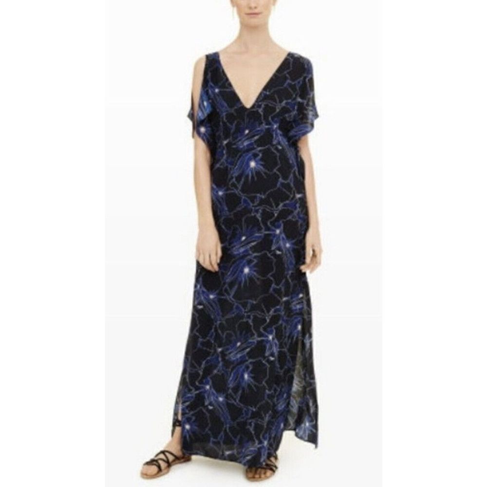 Club Monaco Dress Womens Maxi Cold‎ Shoulder V Neck Blue Floral Size 2